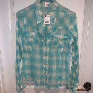 Blue button down with silver metallic accents